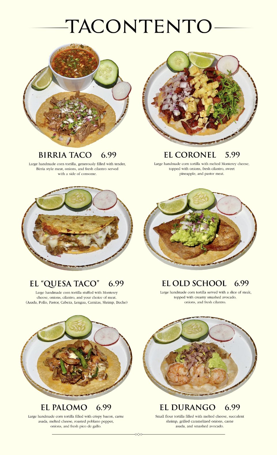 Printed drink menu with simple category headings.