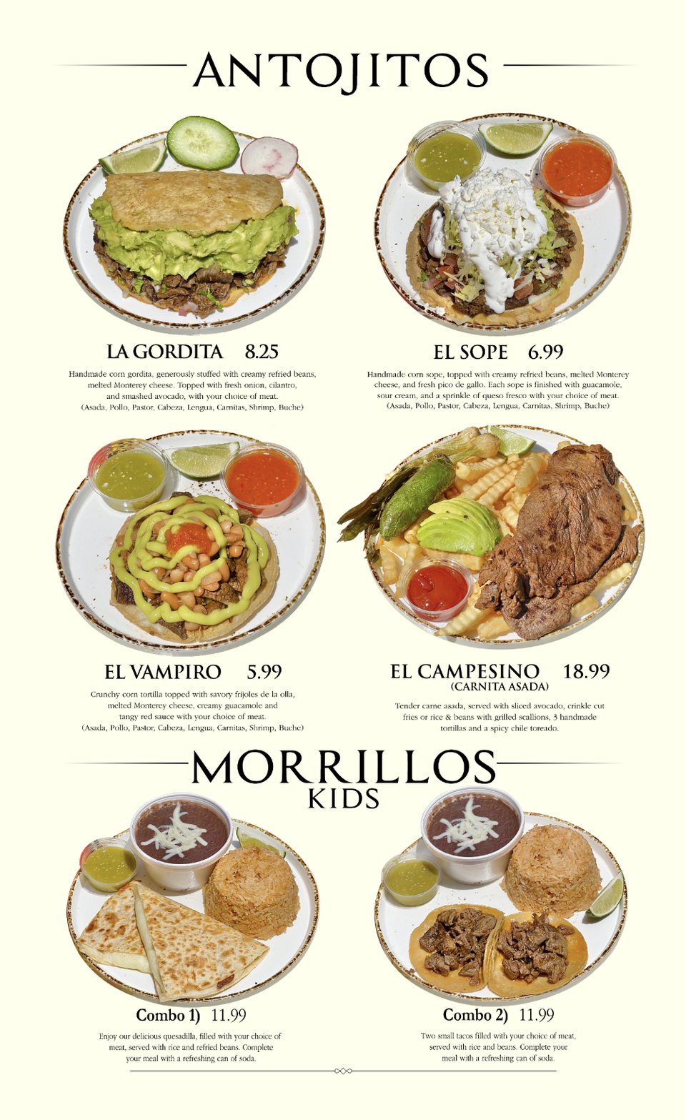 Menu page showing drinks and restaurant selections.